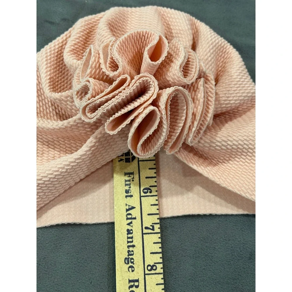 Baby Girl Waffle Knit Turban Hat Peach Pink Ruffle Flower Beanie Headwrap